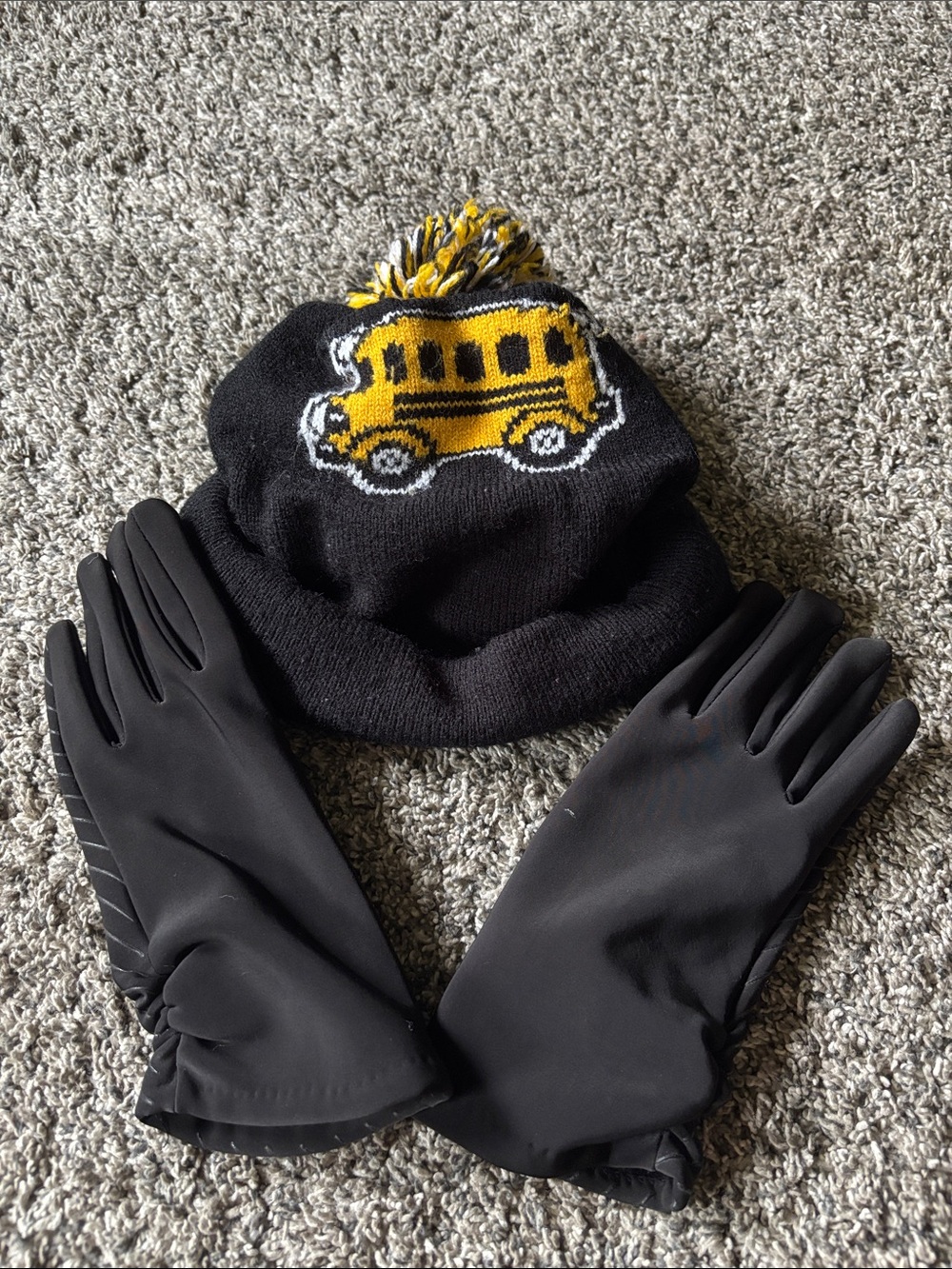 Black Pom-Pom Beanie with Yellow School Bus Design and gloves